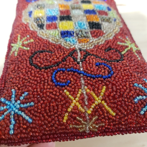 Beaded Heart Pattern Clutch Purse Bag Pouch Red Multicolor Beaded Boho Goth - Picture 7 of 11